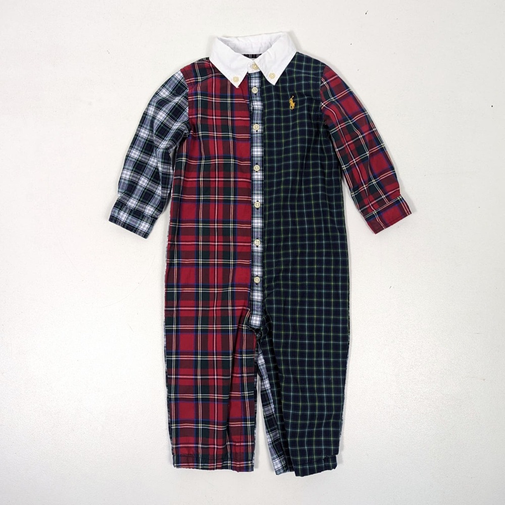 Ralph Lauren Romper Baby Boys Size 12m Mixed Plaid Button Down Collar Holiday
